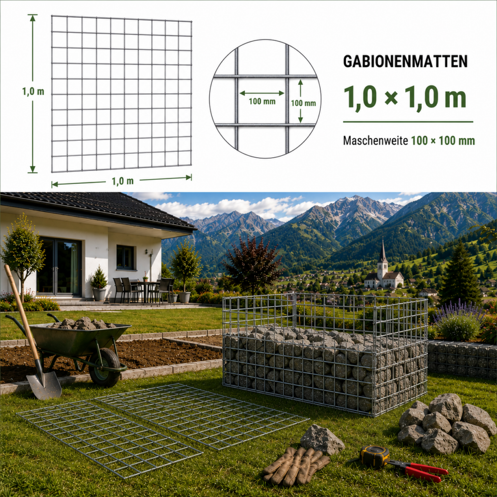 Gabionenmatten 1,0 x 1,0 m — robuste verzinkte Matte für Gabionenwände