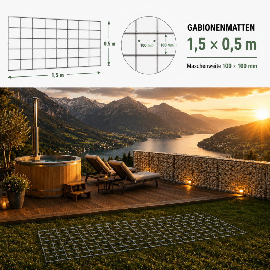 Gabionenmatten 1,5 x 0,5 m — verzinkte Matte für lange niedrige Gabionen