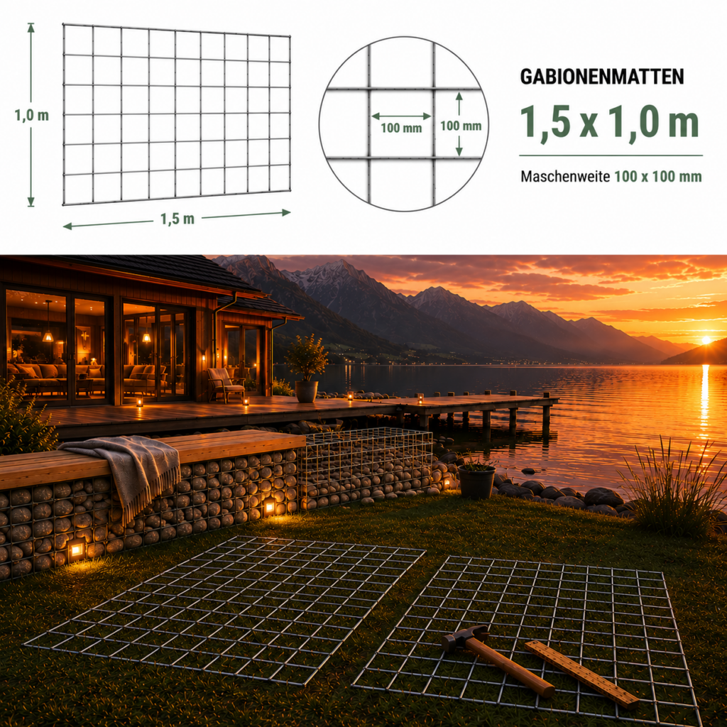Gabionenmatten 1,5 x 1,0 m — robuste verzinkte Matte für Sichtschutz und Gabionen