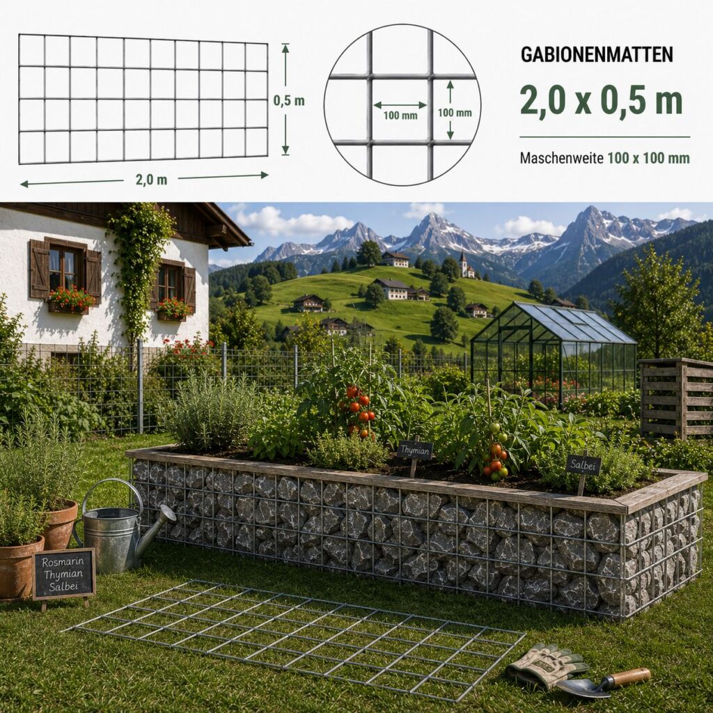 Gabionenmatten 2,0 x 0,5 m — robuste verzinkte Matte für lange Gabionenlinien