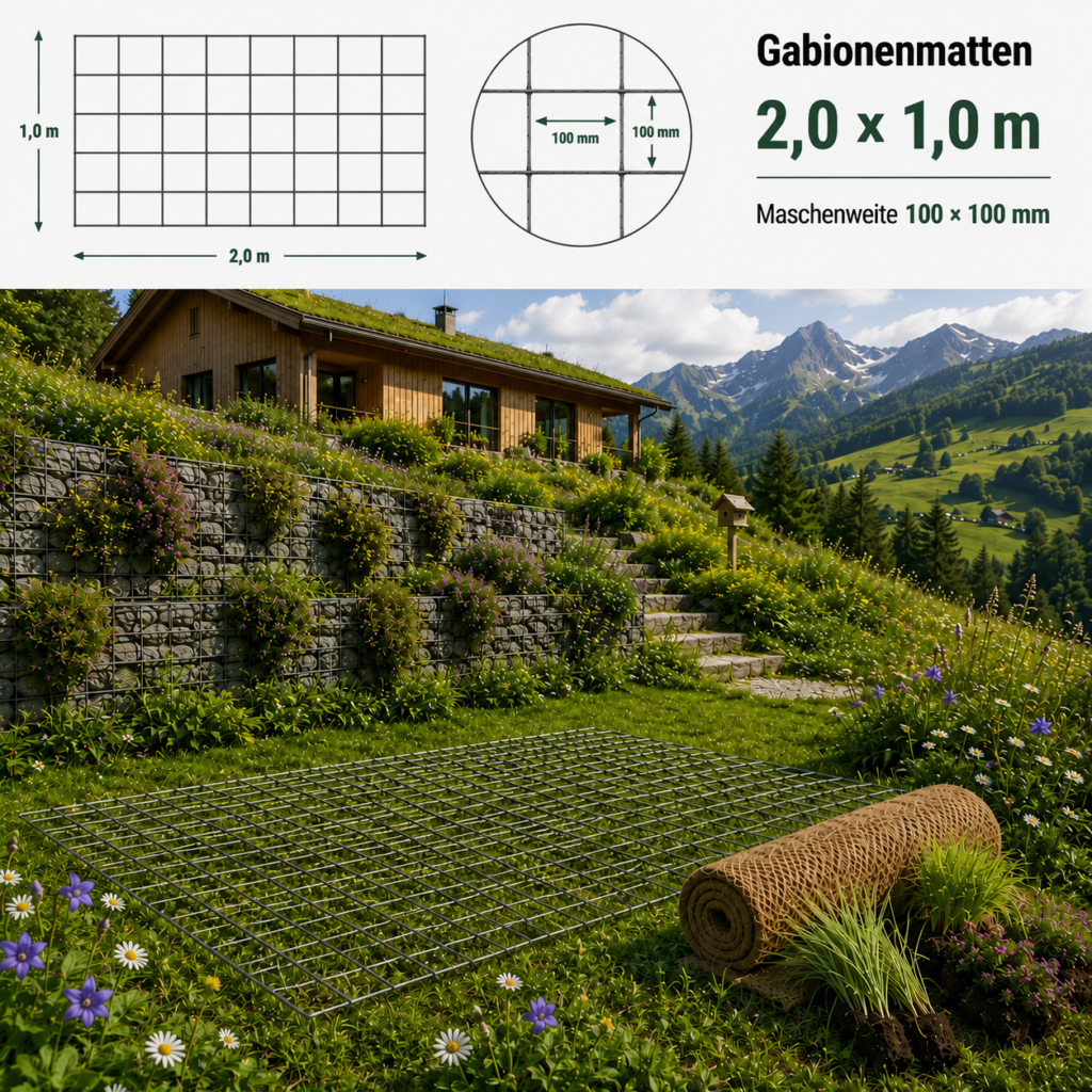 Gabionenmatten 2,0 x 1,0 m — verzinkte Doppelstabmatte, Maschenweite 100 x 100 mm