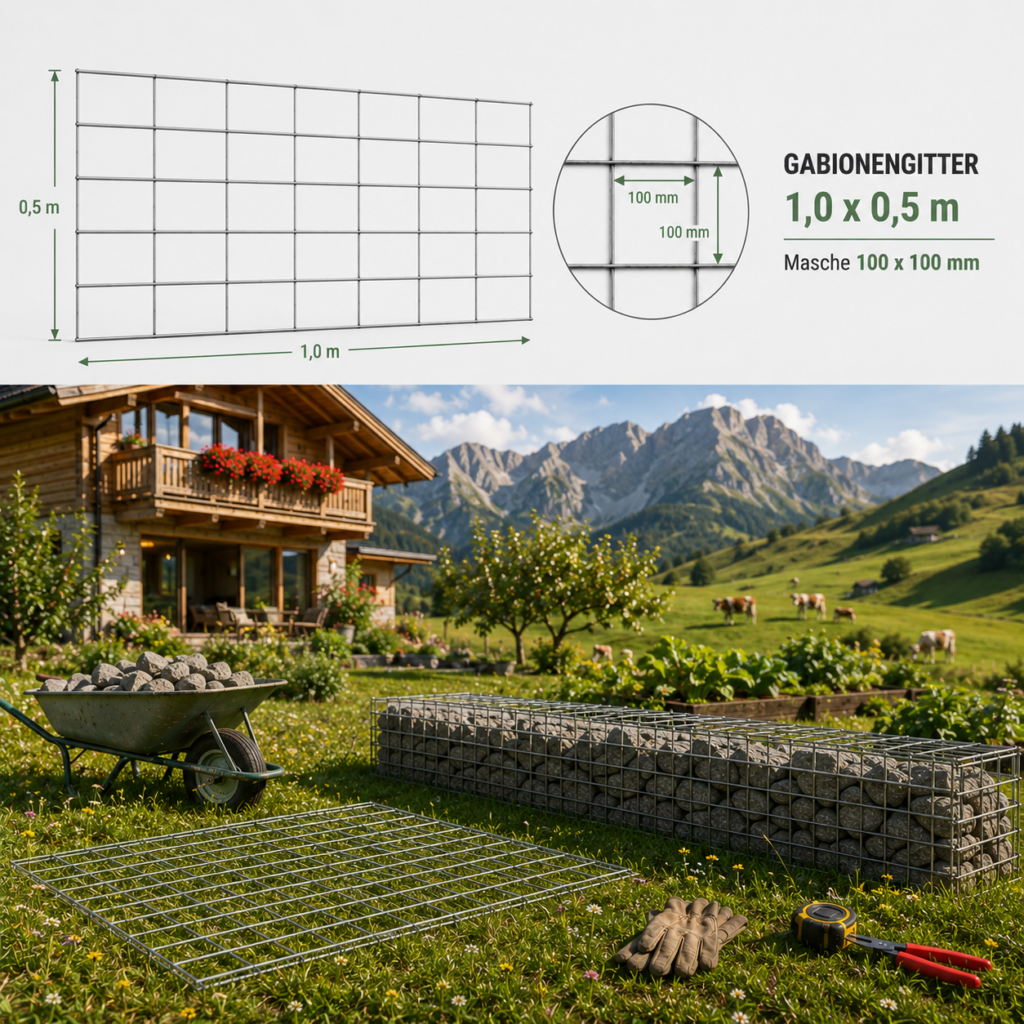 Gabionenmatten 1,0 x 0,5 m — verzinkte Gittermatte für stabile Gabionen