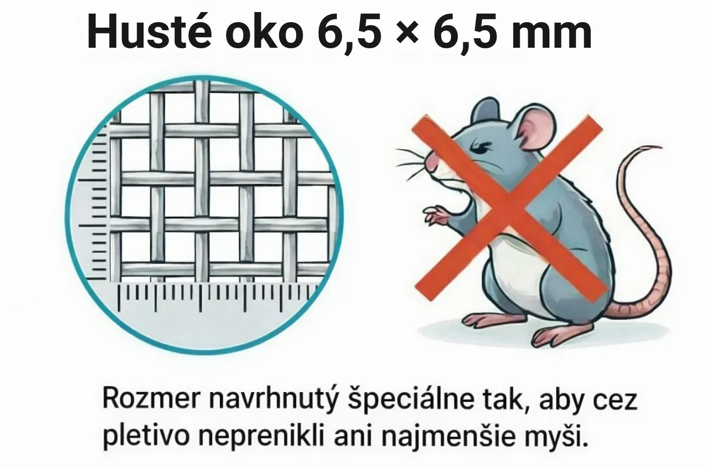 Oko 6,5 × 6,5 mm je navrhnuté tak, aby cezeň neprenikli ani najmenšie myši.